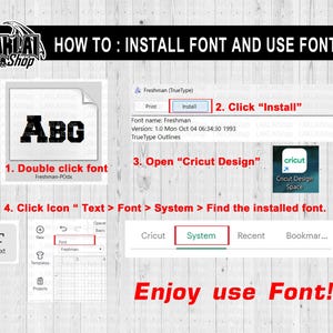 May include: A step-by-step guide on how to install and use a font in Cricut Design Space. The image shows a computer screen with a font installation window, a Cricut Design Space window, and a text box with the word "ABG" in the font.