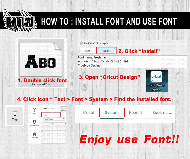 May include: A step-by-step guide on how to install and use a font in Cricut Design Space. The image shows a computer screen with a font installation window, a Cricut Design Space window, and a text box with the word "ABG" in the font.