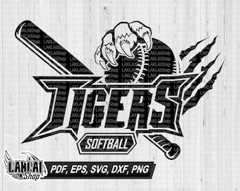 May include: Black and white graphic design of a softball team logo. The logo features a baseball bat, a softball, a paw print, and the text "TIGERS SOFTBALL".