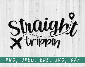 May include: Black and white graphic design with the text "Straight trippin'" and a small airplane with a dotted line leading to a pin icon.