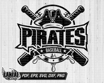 May include: Black and white graphic design of a baseball team logo. The logo features a pirate hat, crossed bats, and the word "PIRATES" with the text "BASEBALL" underneath.
