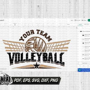 May include: A black and brown volleyball graphic with the text "Your Team Volleyball" and a brown net with wings.