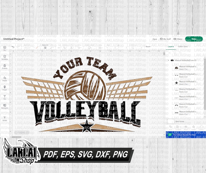 May include: A black and brown volleyball graphic with the text "Your Team Volleyball" and a brown net with wings.