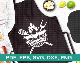 May include: Black and white graphic design of a grill master apron with a grill, flames, and a cow and pig. The text "Grill Master" is written on a banner.