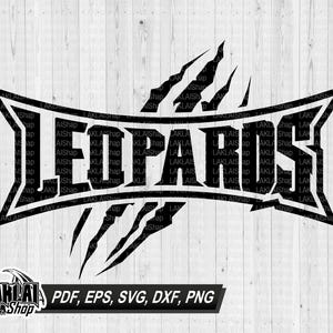 May include: Black and white graphic design featuring the word "LEOPARDS" in bold, stylized letters. The design includes claw marks and a banner shape, with the text "PDF, EPS, SVG, DXF, PNG" at the bottom. The logo is set against a light wood grain background.