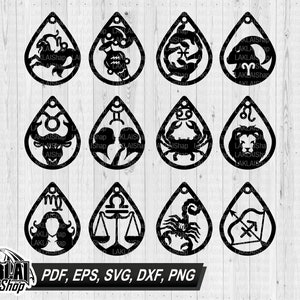 Kolczyki zodiakalne SVG, pliki SVG kolczyków astrologicznych dla pliku Silhouette Cricut, biżuteria SVG, pobieranie plików cyfrowych, pdf, png, eps, dxf