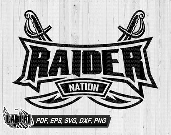 May include: Black and white graphic design of two crossed swords with the word "RAIDER" in a bold font and the word "NATION" below it. The design is surrounded by a repeating pattern of the words "LAKLAIShop".
