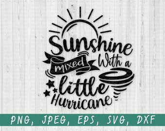 May include: Black and white graphic design with a sun, a hurricane, and the text "Sunshine mixed with a little hurricane".