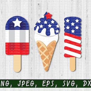 May include: Three red, white, and blue popsicles with a star pattern. The popsicles are in the shape of a cone, a rectangle, and a cylinder. The popsicles are on a white wood background.