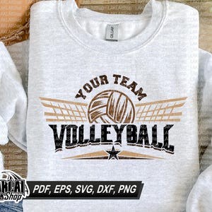 May include: A white sweatshirt with a brown and black volleyball graphic. The graphic includes a volleyball, a net, and the text "Your Team Volleyball".
