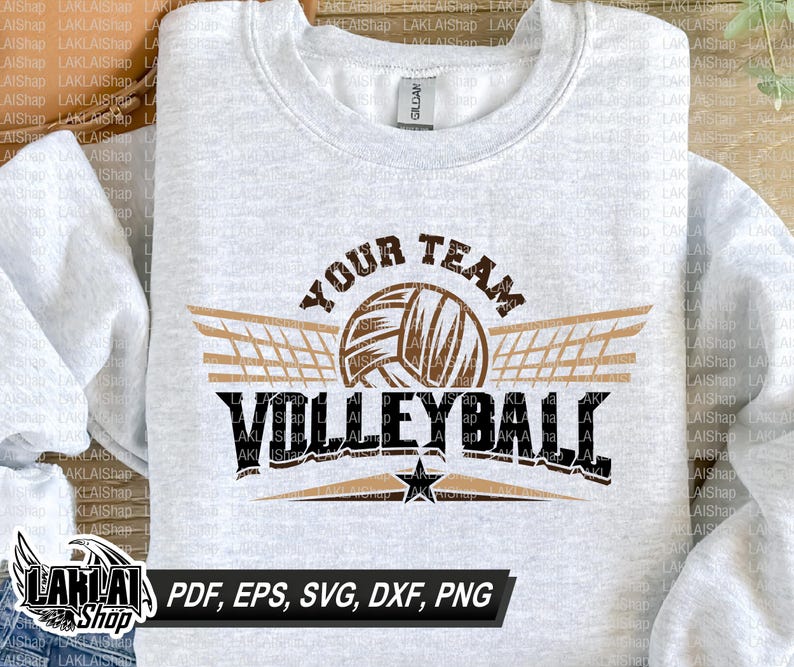 May include: A white sweatshirt with a brown and black volleyball graphic. The graphic includes a volleyball, a net, and the text "Your Team Volleyball".