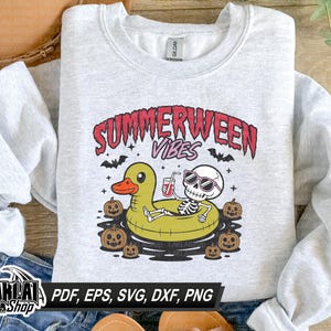 May include: A light gray sweatshirt with a graphic that reads "Summerween Vibes". The graphic features a skeleton in sunglasses relaxing on a yellow duck floatie, surrounded by pumpkins and bats. The sweatshirt also has the text "PDF, EPS, SVG, DXF, PNG".