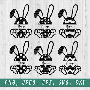 Peut inclure: Six silhouettes de lapins noirs et blancs tenant des œufs de Pâques avec différents motifs. Chaque lapin a un espace pour un nom. Le texte "Nom" est inclus sur chaque lapin.