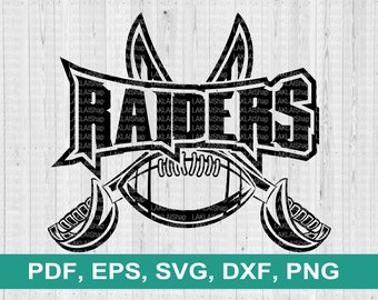 May include: Black and white silhouette of a football helmet with crossed swords and the word "RAIDERS" in a bold font.