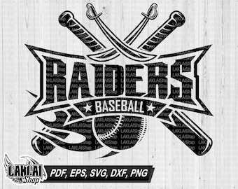 May include: Black and white graphic design of two crossed baseball bats with a baseball in the center. The word "RAIDERS" is written in a bold font above the baseball and the word "BASEBALL" is written below the baseball.