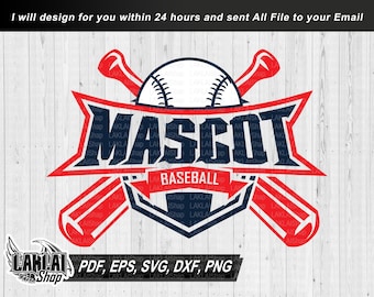 May include: A blue and red baseball mascot logo with a baseball, bats, and the word "MASCOT" in a white outline. The text "BASEBALL" is in a white banner below the word "MASCOT".