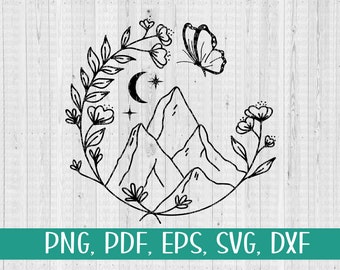 Mountain Flowers Line Art SVG, Moon, Butterfly (Digital File)