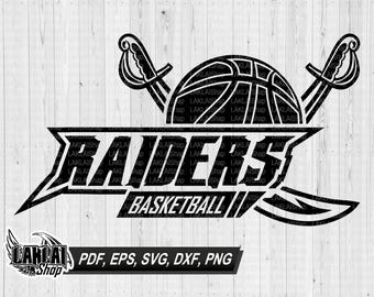 May include: Black and white graphic design of a basketball with two crossed swords behind it. The text "RAIDERS BASKETBALL" is below the basketball.