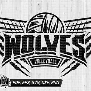May include: Black and white graphic design of a volleyball with wings and the word "WOLVES" in a bold font. The text "VOLLEYBALL" is below the word "WOLVES".