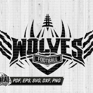 May include: Black and white graphic design of a football team logo. The logo features a football helmet with wings and the word "WOLVES" in a bold font. The text "FOOTBALL" is also included in the design.