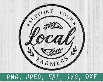 May include: Black and white graphic design of a circle with the text "Support Your Local Farmers" and wheat stalks around the text.