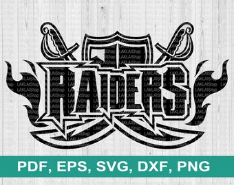 May include: Black and white silhouette design of a sword and shield with flames and the word "RAIDERS" in a bold font.