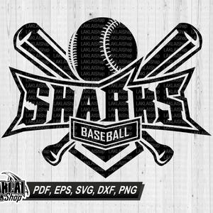 Puede incluir: Logotipo de béisbol en blanco y negro con la palabra "SHARKS" en negrita y la palabra "BASEBALL" debajo. Dos bates de béisbol cruzados están detrás del texto.