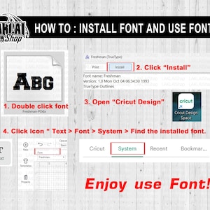 May include: A step-by-step guide on how to install and use a font in Cricut Design Space. The image shows a computer screen with a font installation window, a Cricut Design Space window, and a text box with the word "ABG" in the font.
