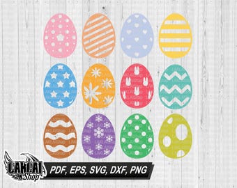 May include: Set of 10 Easter egg SVG cut files. The eggs are in various colors and patterns, including blue, yellow, pink, green, and orange. Each egg has a different design, such as polka dots, stripes, hearts, and zigzags.