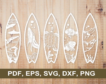 May include: Set of five white surfboard-shaped cutouts with various ocean-themed designs. The designs include a shark, whale, turtle, clownfish, and a manta ray.
