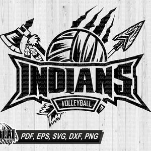 Könnte beinhalten: Schwarzweißes Grafikdesign eines Volleyball-Teamlogos. Das Logo zeigt eine stilisierte indianische Kopfbedeckung mit Federn, einen Volleyball und das Wort "INDIANS" in fetter Schrift. Der Text "VOLLEYBALL" ist ebenfalls im Design enthalten.