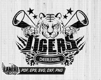 May include: Black and white digital design featuring a tiger head with a fierce expression, holding two megaphones. The word "TIGERS" is written in a bold, stylized font with a cheerleading pom-pom on each side. The text "CHEERLEADING" is written in a banner below the word "TIGERS".