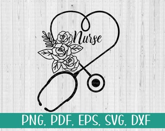 May include: Black and white silhouette of a stethoscope in the shape of a heart with a floral design and the word "Nurse" inside the heart.