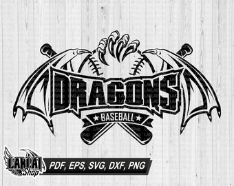 以下が含まれることがあります： 黒と白の野球チームのロゴで、ドラゴンウイングのデザインと「DRAGONS」という単語が太字で書かれています。ロゴには、交差した2本の野球バットと、より小さなフォントで「BASEBALL」という単語も含まれています。