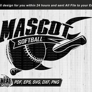 May include: Black and white graphic design of a softball with the word "MASCO" and "SOFTBALL" in a stylized font. The design is set against a woodgrain background.