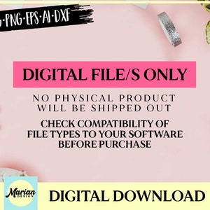 May include: A pink background with a white snowflake, gold pencils, and a roll of silver glitter tape. The text "DIGITAL FILE/S ONLY" is in a pink box. The text "NO PHYSICAL PRODUCT WILL BE SHIPPED OUT" is in black text. The text "CHECK COMPATIBILITY OF FILE TYPES TO YOUR SOFTWARE BEFORE PURCHASE" is in black text. The text "DIGITAL DOWNLOAD" is in black text. The text "Marian Design" is in a blue box.