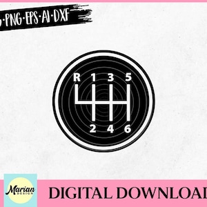 May include: Black and white illustration of a 6-speed manual transmission gear shift pattern. The pattern is inside a circle with a white outline.