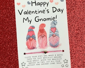 Gnome Valentines, Valentine's Day Wish Bracelet Card, VALENTINE, Party Favor, Class VALENTINE, Class Gift, No Candy VALENTINE, Valentine