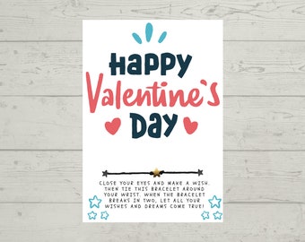 Valentine Favor, Valentine's Day Wish Bracelet Card, VALENTINE, Party Favor, Class VALENTINE, Class Gift, No Candy VALENTINE, Valentine