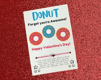 Donut Valentine, Valentine's Day Wish Bracelet Card, Valentine, Party Favor, Class Valentine, Class Gift, No Candy Valentine, Valentine