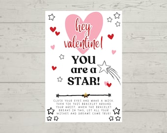 Valentine Favor, Valentine's Day Wish Bracelet Card, VALENTINE, Party Favor, Class VALENTINE, Class Gift, No Candy VALENTINE, Valentine