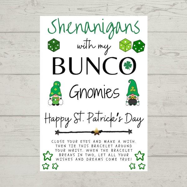 Bunco Wish Bracelet, St. Patrick's Day, Wish Bracelet, Bunco Night Gift, Bunco Party Favor, Shenanigans with my BUNCO Gnomies, Bunco Gifts