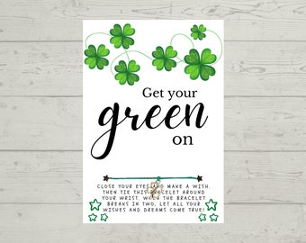 Get your green on Wish Bracelet, Wish Bracelet Gift, St. Patrick's Day Party Favor, St. Patrick's Day Gift, Shamrock Four Leaf Clover Card