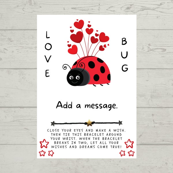 Ladybug LOVE BUG Hearts Wish Bracelet, Holiday Party Favor, Valentine's Day Note Gift Wish Bracelet, Charm Wish Bracelet ~ Personalize Card