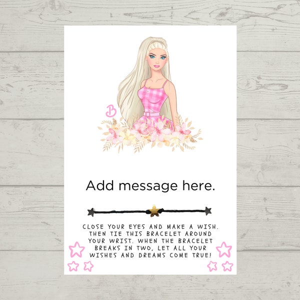 Barbie Girl Pink Gingham Dress Floral Flower Wish, Wish Bracelet, Barbie Party Favor, Make A Wish, Barbie Fan Gift, Birthday Gift, Thank You