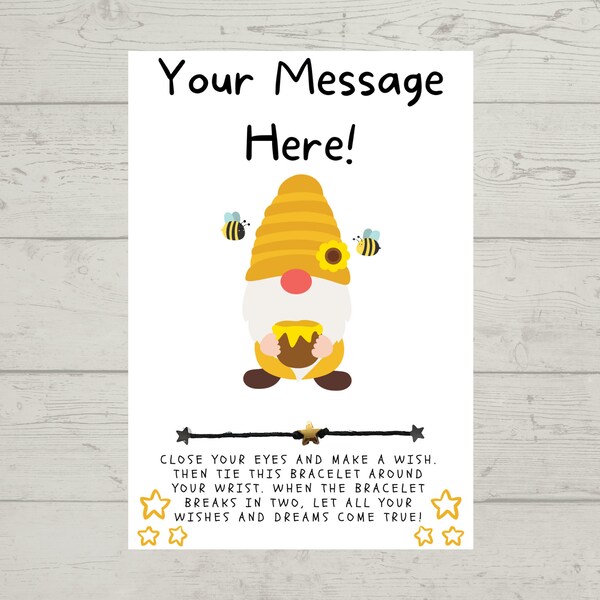 Honey Bee Gnome Wish Bracelet, Thank You, Happy Birthday Gift, Just Because, Friends, Friendship, Gnome Theme, Party Favor, Personalize Card