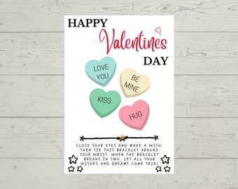 HAPPY VALENTINES DAY, Valentine's Day Wish Bracelet Card, Valentine, Party Favor, Class Valentine, No Candy Valentine, Valentine Gift