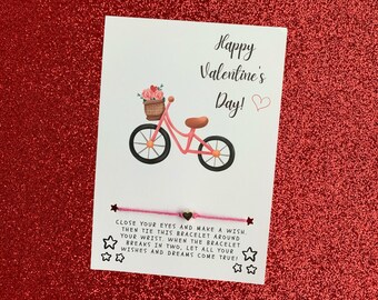 Bike Valentine, Valentine's Day Wish Bracelet Card, Valentine, Party Favor, Class Valentine, Class Gift, No Candy Valentine, Valentine