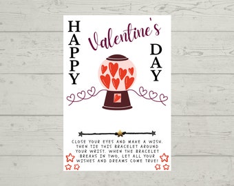 Gumball Valentine's Day Wish Bracelet Card, VALENTINE, Party Favor, Class VALENTINE, Class Gift, No Candy VALENTINE, Valentine