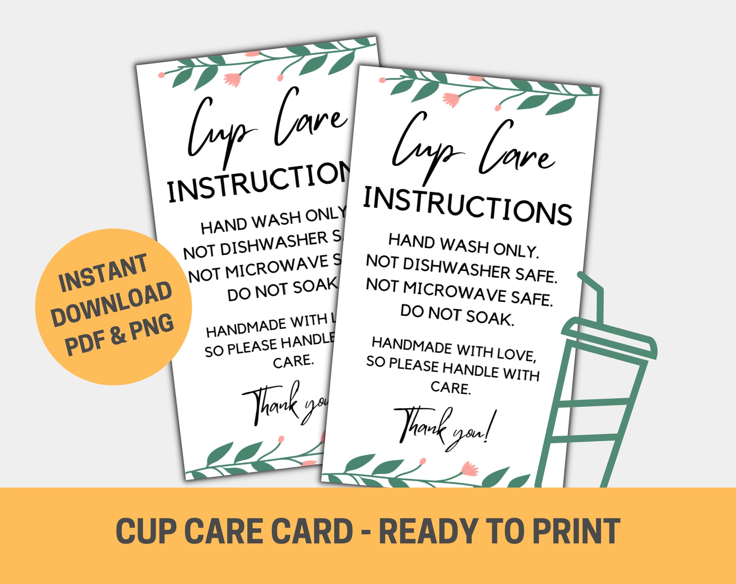 Tumbler Cup Care Card Printable Cup Care Instruction for 